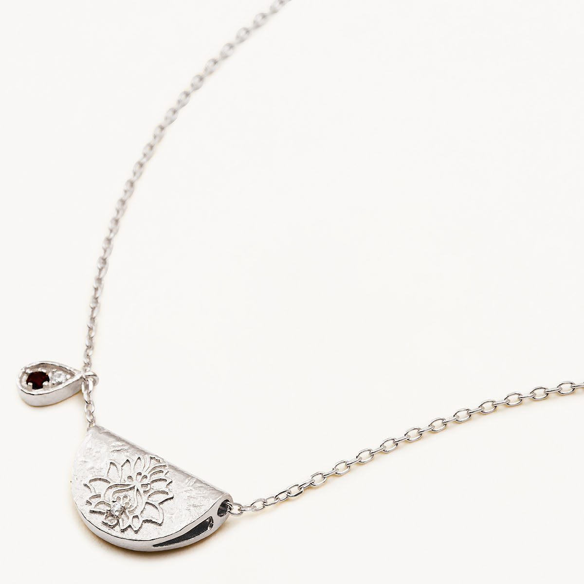 By Charlotte Lotus Birthstone Necklace (January - Garnet), Silver