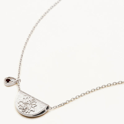 By Charlotte Lotus Birthstone Necklace (January - Garnet), Silver