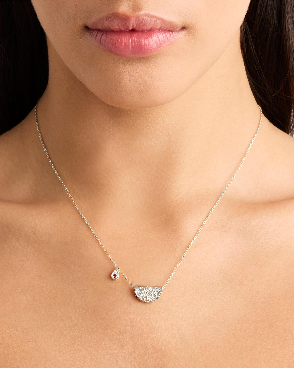 By Charlotte Lotus Birthstone Necklace (January - Garnet), Silver