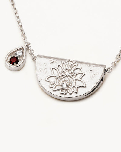 By Charlotte Lotus Birthstone Necklace (January - Garnet), Silver