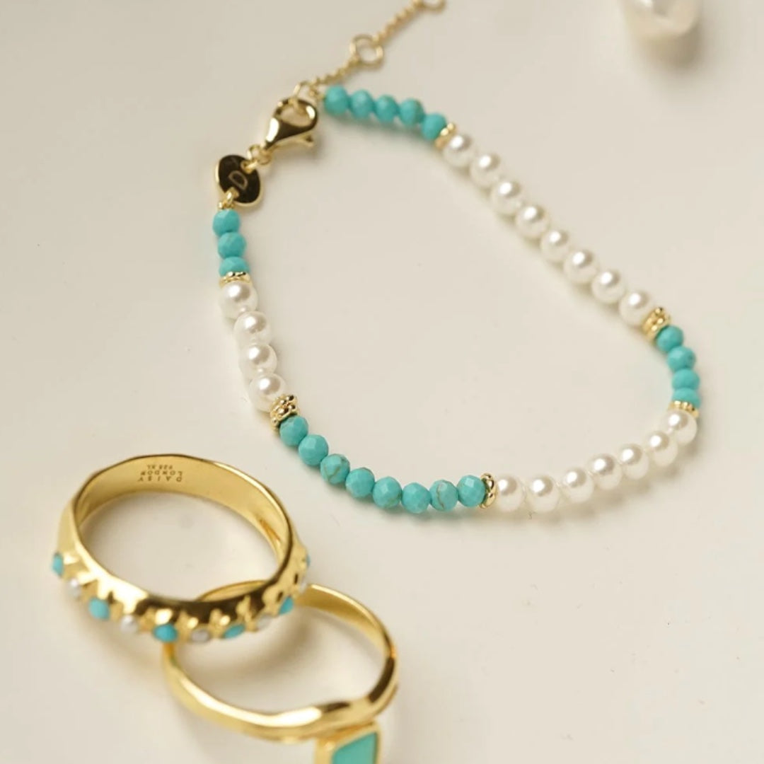 Daisy London Pearl Turquoise Beaded Bracelet, Gold