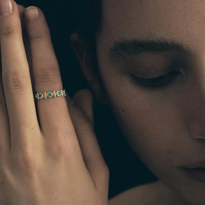 Temple of the Sun Asteria Half Eternity Ring, Emerald, Solid Gold