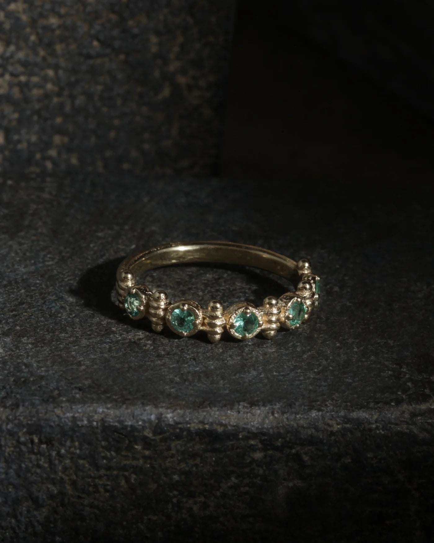 Temple of the Sun Asteria Half Eternity Ring, Emerald, Solid Gold